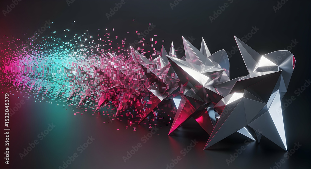 Poster dynamic metallic structures transforming into abstract pixelated particle stream