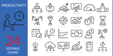 Productivity Vector Icon Set | Adjustable Line Weight | work flow, checklist, dashboard, idea, automation, dial, statistics, worktime, deadlines, award, time management, productivity outline icon