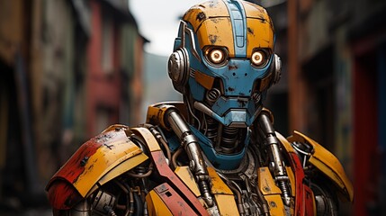 Futuristic robot warrior on the city street. Illustration On the theme of fantasy, cinema, movies and technology.