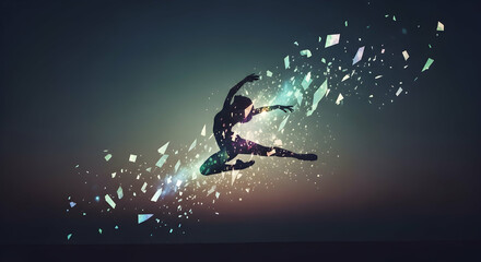 Naklejka premium Cosmic Dancer Leaping Through Shattered Illusions Into The Future