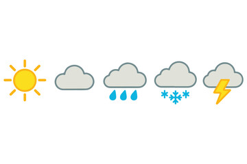 Obraz premium Bright weather icons depicting sun, clouds, rain, snow, and lightning ideal for design use icon set