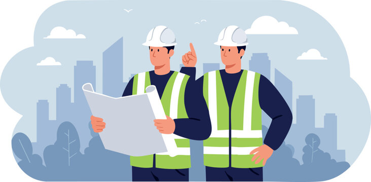 Construction engineers discussing building blueprint in urban cityscape vector illustration 