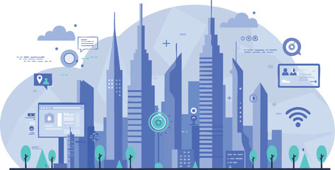 Obraz premium Modern city skyline with smart technology icons in blue tones vector illustration 
