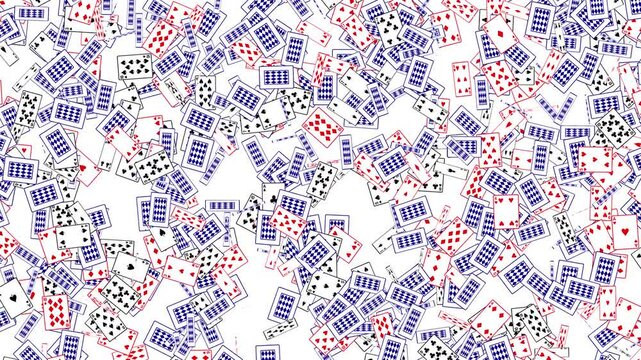 Many playing cards featuring all suits like hearts spades clubs and diamonds fly randomly across the screen in a chaotic floating animation