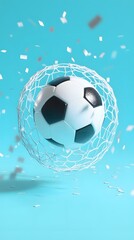 Naklejka premium Soccer ball passing through a net surrounded by confetti.