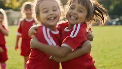 Two young girls celebrating a goal during a joyful moment in a girls’ soccer match. - Powered by Adobe