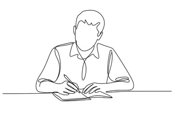 Continuous Line Drawing of a Man Writing in a Notebook at a Desk