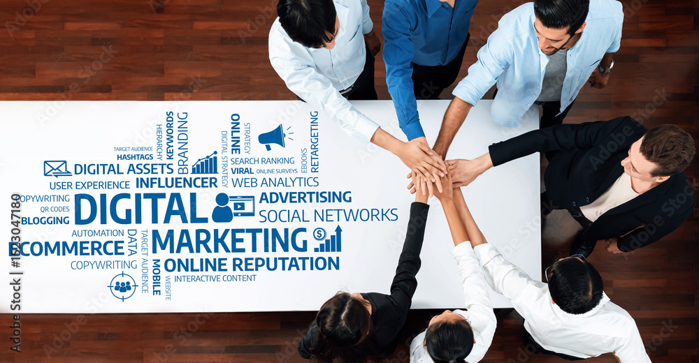 Aufkleber aerial view of a diverse team collaborating on digital marketing strategies. the image showcases han