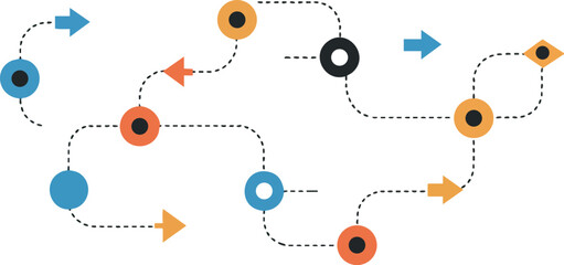 Abstract colorful arrows and circles flowchart vector illustration with blue orange and black elements 