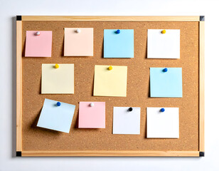 mockup of an office idea board or corkboard filled with blank square sticker