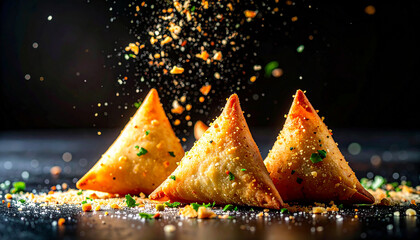 A dramatic, hyperrealistic image of crispy golden samosas midair with scattered crumbs and herbs against dark background, capturing the rich texture,crunch, and spicy allure of indian traditional food