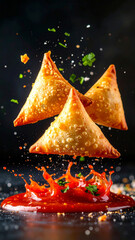 A dramatic, hyperrealistic image of crispy golden samosas midair with scattered crumbs and herbs against dark background, capturing the rich texture,crunch, and spicy allure of indian traditional food
