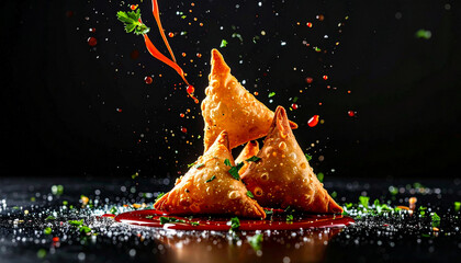 A dramatic, hyperrealistic image of crispy golden samosas midair with scattered crumbs and herbs against dark background, capturing the rich texture,crunch, and spicy allure of indian traditional food