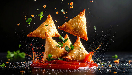 A dramatic, hyperrealistic image of crispy golden samosas midair with scattered crumbs and herbs against dark background, capturing the rich texture,crunch, and spicy allure of indian traditional food