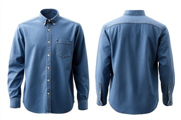 Blue denim long-sleeved shirt shown from the front and back on a white background.