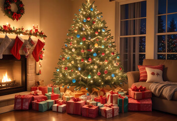 Festive christmas scene with a decorated tree lit up and surrounded by many presents.