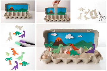 Colorful dinosaur habitat crafted in paper carton with lava volcano and eggs, great for preschool...