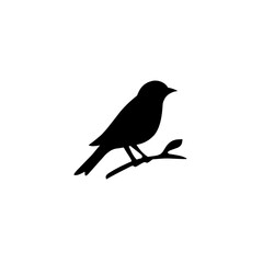 Silhouette of a small bird sitting on a tree branch. Black vector of a songbird or sparrow in side view, isolated on white background. Perfect for nature-themed designs, logos, tattoos, stickers.