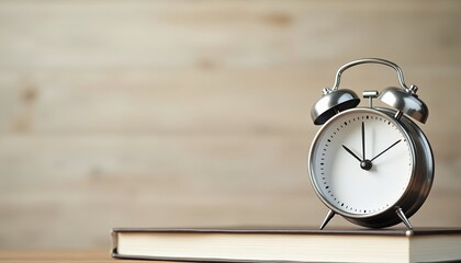 Naklejka premium Classic alarm clock on a closed book against wooden background 