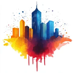 Abstract city skyline in vibrant watercolors showcasing modern architecture blending with warm hues