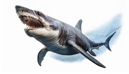 Fototapeta premium massive megalodon with open jaws jagged teeth swims against white background evoking awe learn about megalodon fossils explore other prehistoric predators