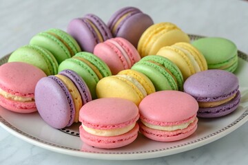 Obraz premium Colorful array of delicious macarons on a decorative plate a delightful dessert treat