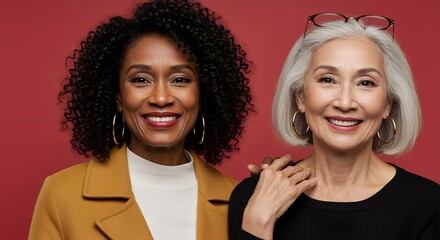 Smiling senior Black and Asian women in stylish coats posing together on red background