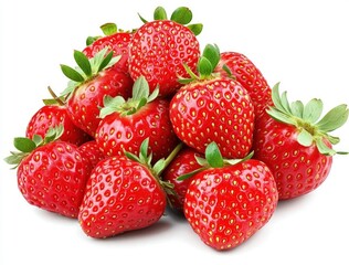 Pile of Fresh Red Strawberries with Green Leaves on White Background