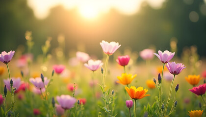 Charming wildflowers blooming in vibrant meadow during sunrise, radiating joy