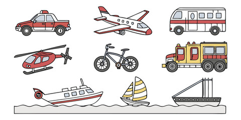 Realistic Vector Set of Police Cars, Buses, Helicopter, and Airplane – Modern Urban and Aerial Transport on White Background