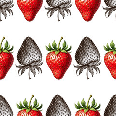 Seamless Pattern with Realistic and Hand-Drawn Graphic Vintage Strawberries.  