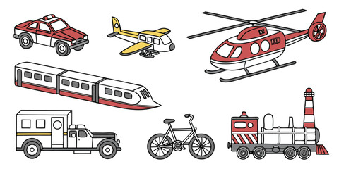 Realistic Vector Set of Police Cars, Buses, Helicopter, and Airplane – Modern Urban and Aerial Transport on White Background © Mst Parvin Akhter