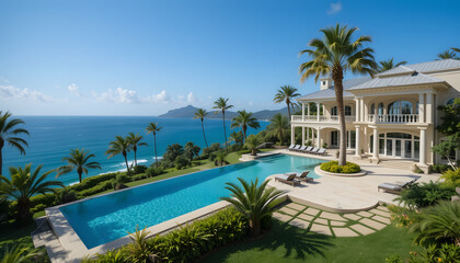Fototapeta premium Luxury Coastal Mansion with Infinity Pool, Palm Trees, and Ocean View Under Clear Blue Sky