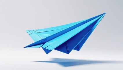 A highly detailed and realistic illustration of a blue paper plane soaring upwards on a crisp white background, symbolizing business success, innovation, and clever solutions, with ample copy space av