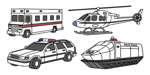 Realistic Vector Set of Police Cars, Buses, Helicopter, and Airplane – Modern Urban and Aerial Transport on White Background