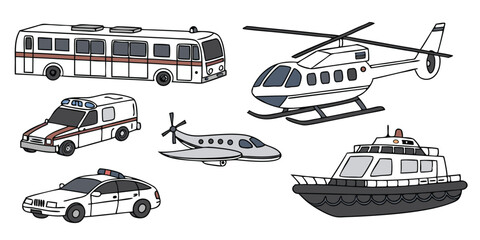 Realistic Vector Set of Police Cars, Buses, Helicopter, and Airplane – Modern Urban and Aerial Transport on White Background © Mst Parvin Akhter