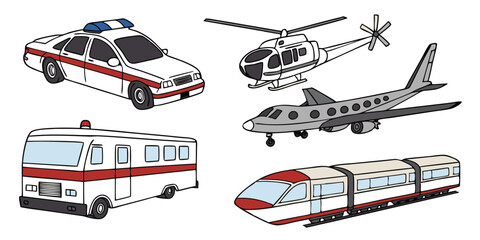 Realistic Vector Set of Police Cars, Buses, Helicopter, and Airplane – Modern Urban and Aerial Transport on White Background © Mst Parvin Akhter