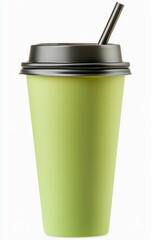 Fresh Green Cup with Black Lid and Straw on White Background
