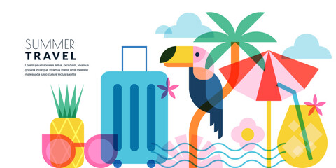 Summer travel banner poster design elements. Suitcase, palm, toucan, cocktail and beach umbrella. Vector illustration
