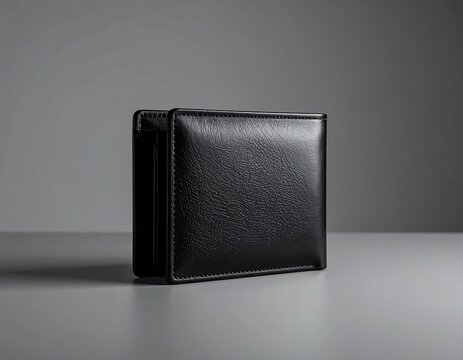 Black leather wallet on a gray surface