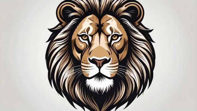 Lion head illustration with a full mane on white background, powerful feline with brown and black fur.