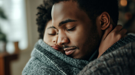 Father enjoys a tender moment holding a weighted blanket while comforting his child indoors on a cozy afternoon