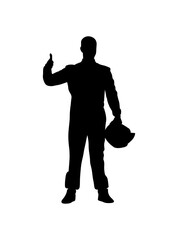 A car driver standing with a helmet in his hand vector