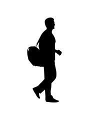 A businessman is carrying a bag on his back. A man is going to the gym with a backpack. Vector