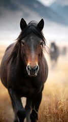 Obraz premium Majestic horse strolling in a golden meadow under soft morning light near distant mountains