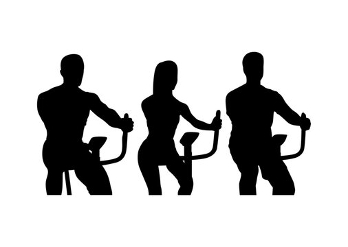 Boy and girl exercising together on cross-trainer machine vector set