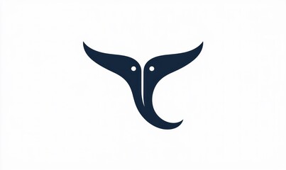 Fototapeta premium Dark navy blue stylized whale tail or fin logo, symmetrical, against white background. Two flowing, organic shapes. Simple, elegant design
