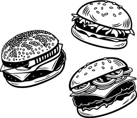 Hand-drawn burger illustrations with sesame buns and fillings