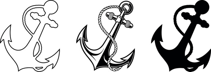 Set of anchor icons in black and white with rope detail, nautical theme © craft_art