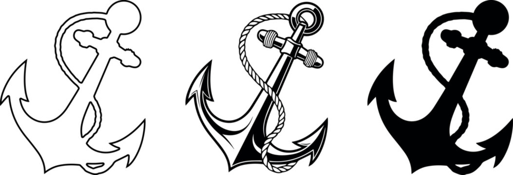 Set of anchor icons in black and white with rope detail, nautical theme